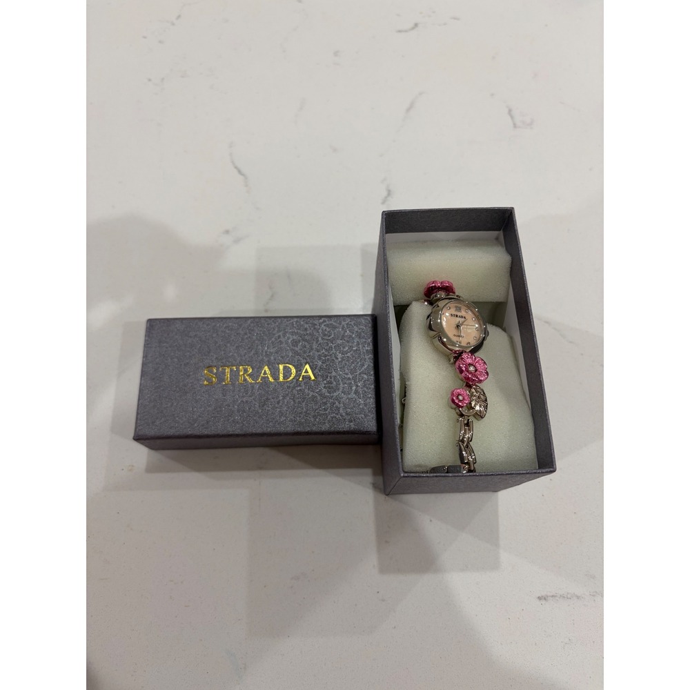 Strada Pink Floral Quartz Watch Silver Tone Crystal Accents with Box